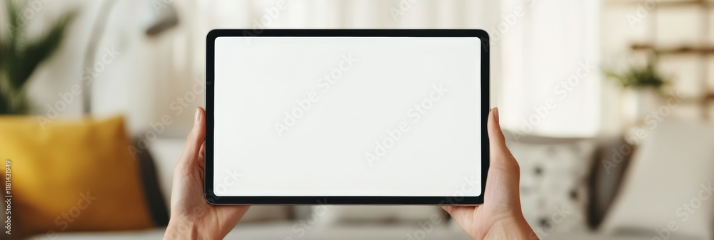 Poster woman holding a digital tablet with a blank white screen while browsing the internet and studying in