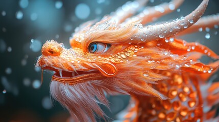 Close-up of a Vibrant Orange Dragon Puppet, glistening with rain droplets, a captivating image evoking traditional Chinese culture and artistry.