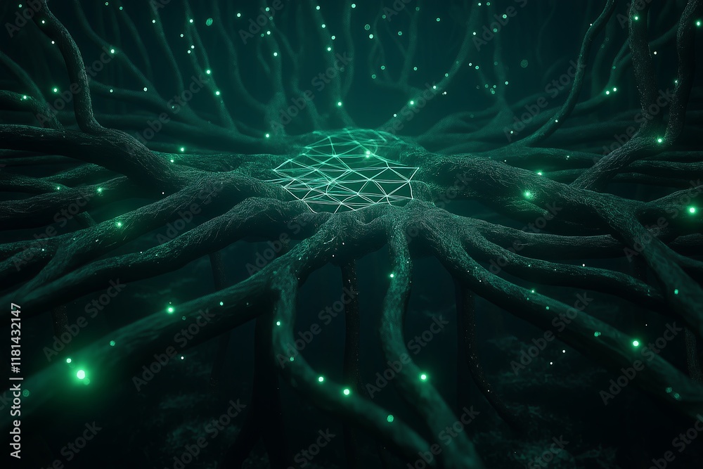 Poster A fractal tree of life with glowing branches connecting to infinite dimensions.