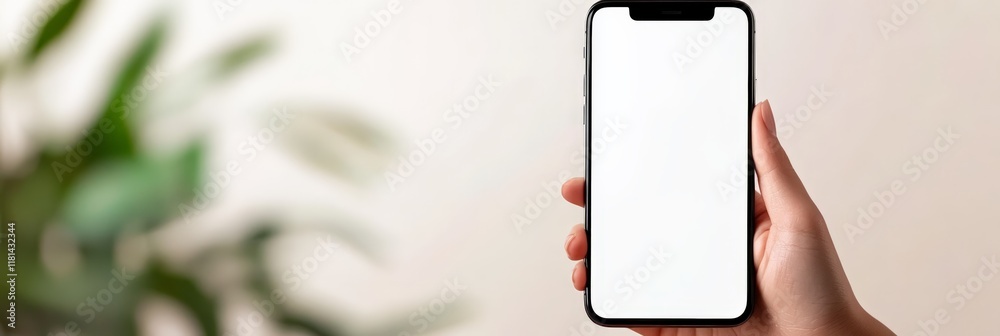 Poster woman holding a modern smartphone featuring a blank white screen, set against a backdrop of blurred 
