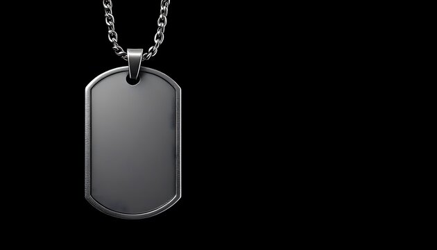 Sleek and Modern Black Dog Tag Pendant on a Metallic Chain Against a Dark Background