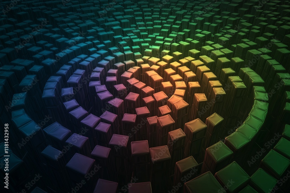 Poster A fractal vortex made of cubes, each reflecting a different color of the rainbow