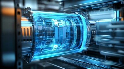 Glowing blue cylindrical device inside complex machinery.