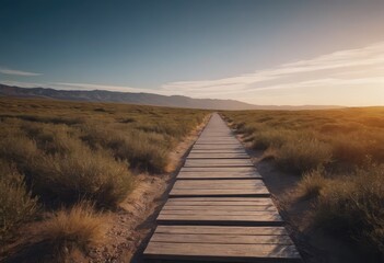 Fototapeta premium A picturesque wooden walkway located in the middle of a vast desert