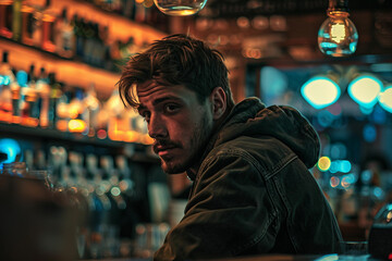 Fototapeta premium Generative AI Image of a Person in a Bar with Warm Lighting, Evoking Nightlife Atmosphere