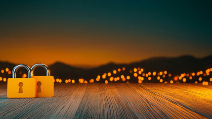 serene cybersecurity themed backdrop featuring two yellow padlocks on wooden surface, symbolizing security and protection against digital threats