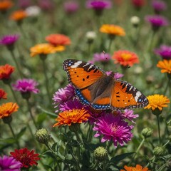 Obraz premium A butterfly resting on a vibrant flower in a colorful field.