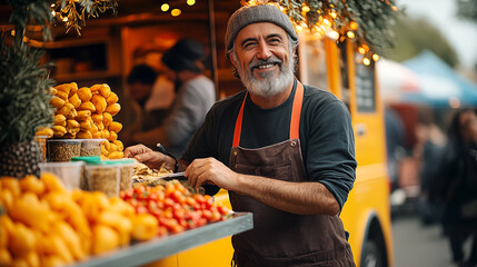 Obraz premium Portrait of a smiling mature man selling fruits and vegetables on a street market.