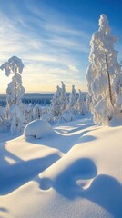A serene winter landscape with snow-covered trees and a clear blue sky.
