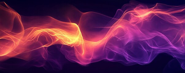 Fototapeta premium Neon, flow and smoke pattern or waves for banner, wallpaper or screen saver with glow color. Purple, orange and vaporwave for texture or digital connection, graphic and design for., Generative AI