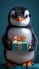 Fototapeta premium A delightful penguin with soft feathers holds a shiny, wrapped present, emanating happiness. The whimsical background enhances the cheerful atmosphere, perfect for any celebration