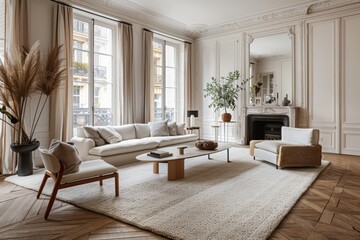 Elegant living room design with a large white carpet and natural light