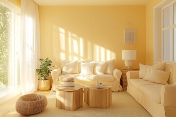 A bright and airy living room with butter yellow walls, casual beige sofas, and natural wood accents for a cheerful vibe.