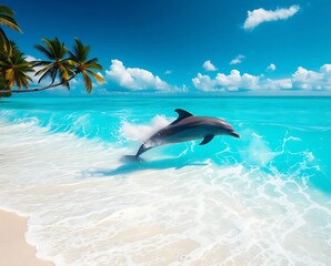 Dolphin Leaping in Turquoise Tropical Waters Near a Palm-Lined Beach .