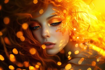 Fototapeta premium A radiant woman with aura-themed makeup, captured in golden sunlight, highlighting her natural beauty, delicate freckles, and expressive charm. Generative AI.