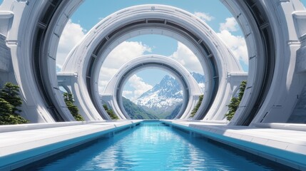 Fototapeta premium A futuristic landscape featuring a serene pool bordered by circular arches, with majestic mountains and a clear blue sky in the background.