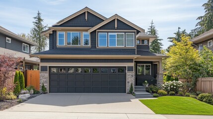 Two-story house, dark siding, landscaped yard, driveway.
