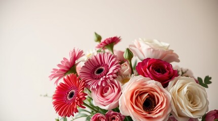 Fototapeta premium Charming bouquet of pink gerbera daisies and roses displayed against a soft neutral background