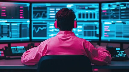 A person in a white jacket works intently at multiple screens displaying colorful data visualizations and graphs in a modern tech environment.