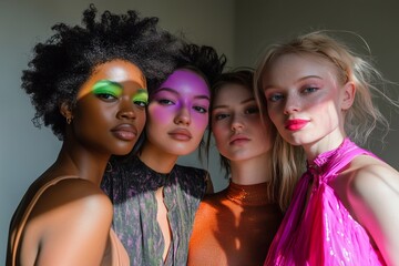 Obraz premium Expressive aura-inspired makeup celebrates individuality and modern beauty. Bold colors, radiant skin, and artistic elegance showcase a vibrant trend for all generations. Generative AI.