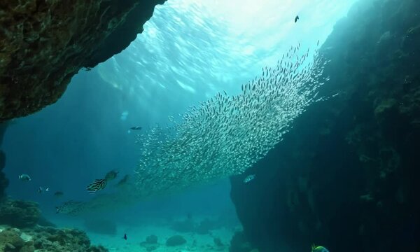 Silver Lining Underwater: A mesmerizing school of silverfish swim in a tight formation, creating a shimmering curtain of life against a backdrop of sunlight filtering through the ocean&rsquo;s surface.