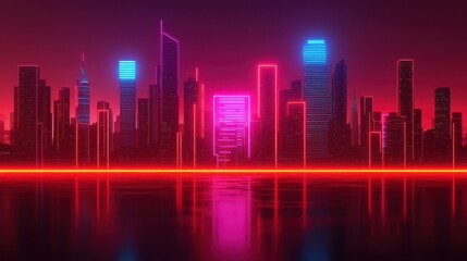 Obraz premium A vibrant neon city skyline at night, illuminated with pink and blue lights, reflecting on calm waters below, creating a futuristic atmosphere.