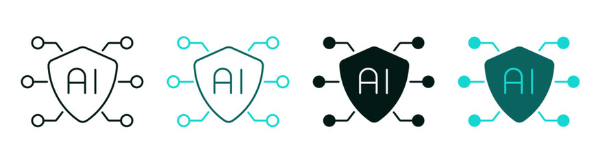 Cyber Security icon set. AI shield logo with circuit for web or mobile. Artificial intelligence, technology  data protection or antivirus concept. Modern line and solid symbol. Editable vector stroke.
