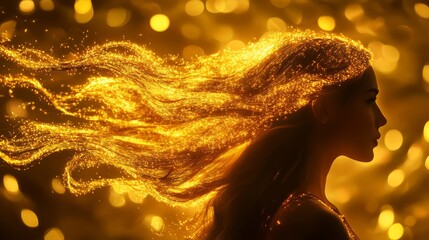 Golden Sparkles Flowing Through Her Hair Woman In Profile With Cosmic Bokeh, Fine Art Portrait
