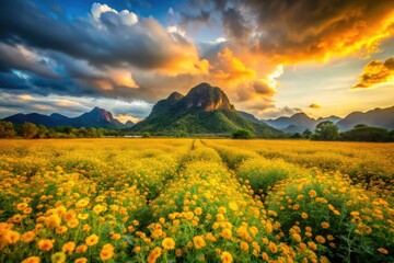Lopburi's breathtaking flower field, dramatic sky, and mountain backdrop captured in stunning high-depth-of-field photography.
