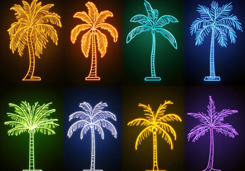 Vector realistic set of neon sign palm tree logos for decoration and covering on a transparent background. Illustration. Concept for a party, summer vacation, isolated on a dark background. 