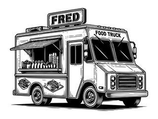 Classic Food Truck Line Art vector illustration