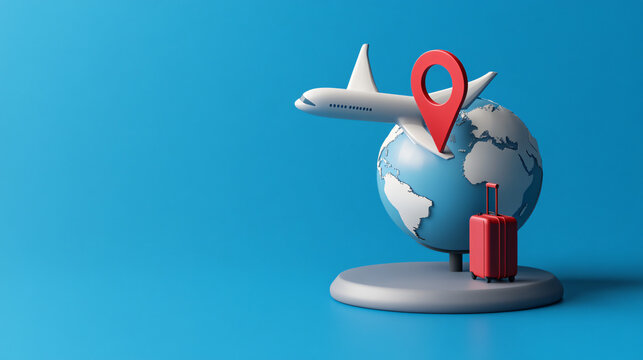 3D Cartoon-Style Travel Icon Featuring Airplane with Luggage and Globe with Location Marker, Set Against Blue Background, Ideal for Travel Apps and Website