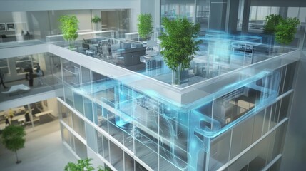 Modern office building, interior design, digital overlay.