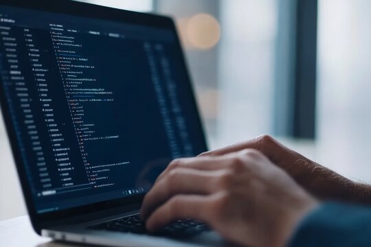 Developer working on a laptop writing code in a modern office environment during daytime
