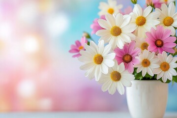 Fototapeta premium A vibrant bouquet of daisies in a white vase against a colorful, blurred background, capturing the essence of spring.