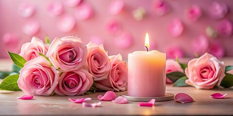 Romantic pink rose, bathed in candlelight, a soft floral still life.