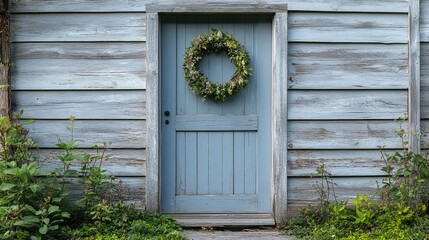 Obraz premium Rustic blue door adorned with a natural wreath in a serene outdoor setting near a wooden cabin