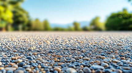 Obraz premium A close-up view of a gravel surface with small stones, set against a blurred background of trees and mountains.