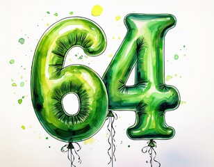 Green birthday / anniversary balloon, number 64, watercolor painting with white background