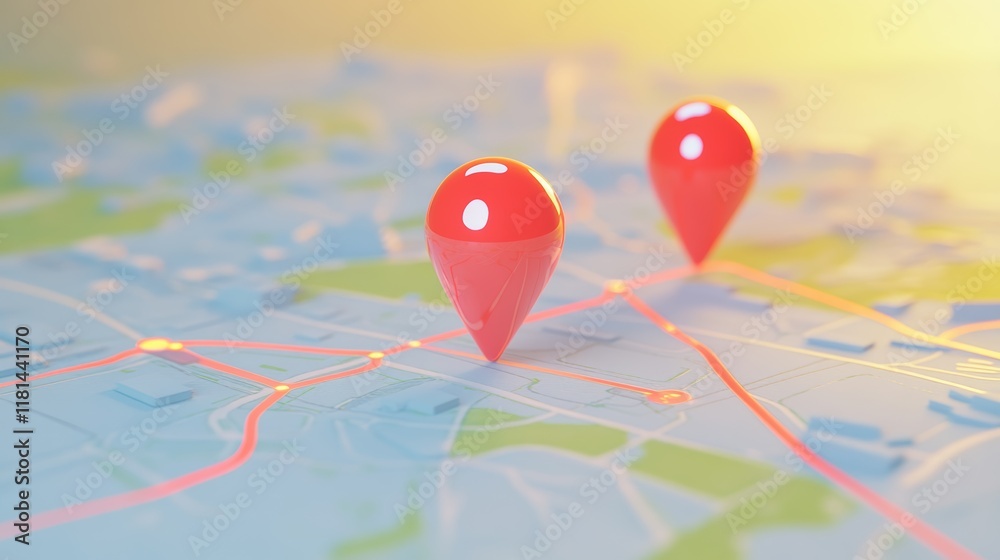 Poster red location pins marking a route on a digital map, representing gps navigation and the advancements