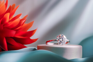 Engagement, valentine proposal, wedding background, luxury diamond ring on jewelry showcase with torch ginger flower and teal, silver, and cream backdrop, copy space.