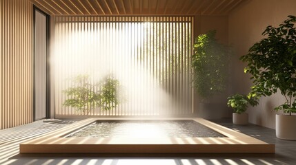 Fototapeta premium Wooden hot tub, plants, sunlight, minimalist room.