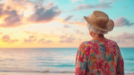 photo showing the back view of an elderly woman enjoying a beach sunset, with a tranquil ocean scene and plenty of copy space