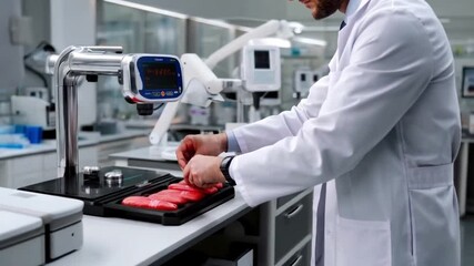 Scientist in Lab Coat Carefully Arranging Samples on a Scale for Precise Measurement in a Modern Sterile Laboratory Setting - Powered by Adobe