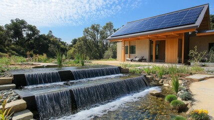 Water feature cascades near eco-friendly house.