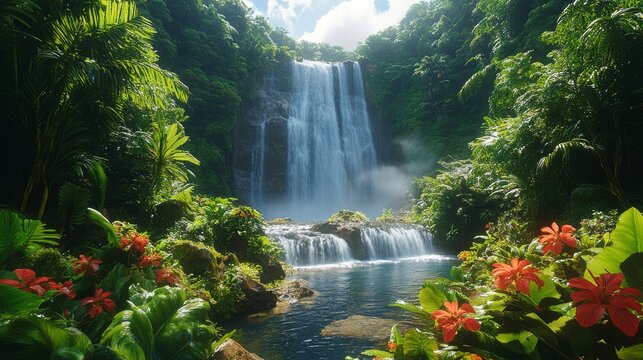 Majestic waterfall cascading into a serene pool surrounded by lush green forest at sunrise