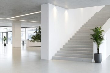 Modern interior featuring a staircase and potted plants in a spacious area.