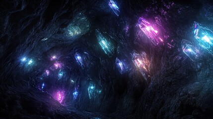 **A dark futuristic cavern illuminated by shining prisms embedded in the walls