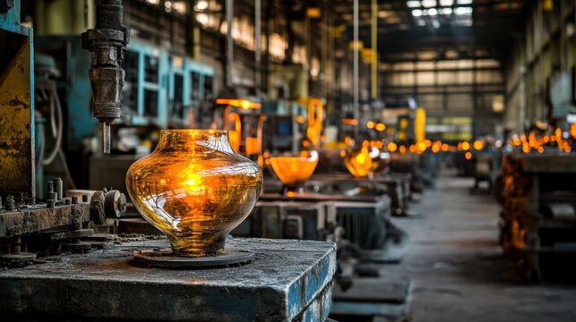 Artisanal Glassblowing Workshop Showcasing Beautifully Crafted Glass Vases with Illuminated Orange Hue in an Industrial Factory Setting