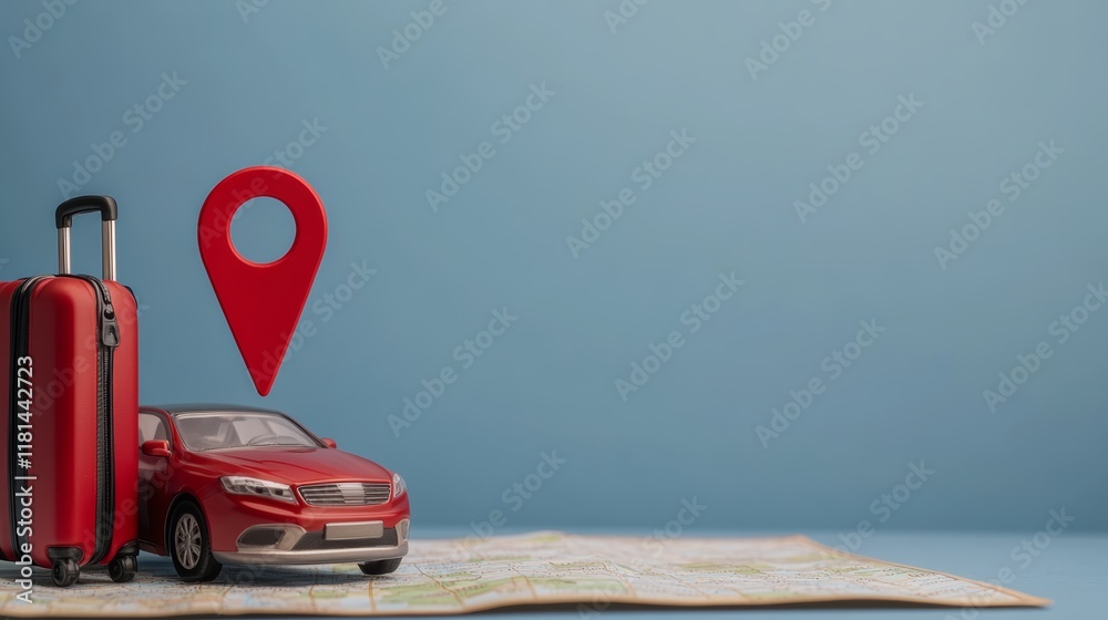 Poster red toy car and luggage are positioned on a map with a location pin, symbolizing planning a travel d